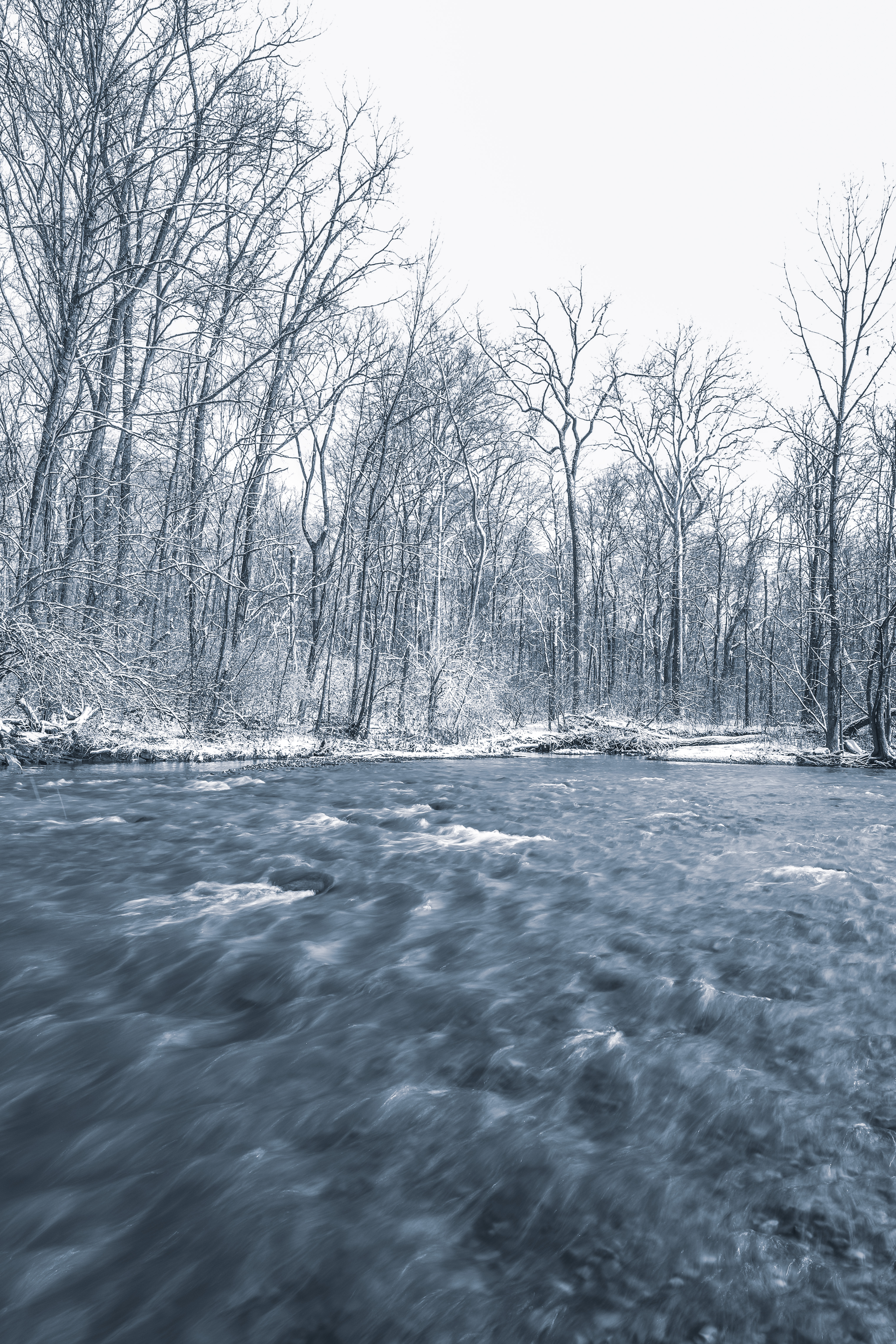 Vertical winter river scene with snowy trees and flowing water at Tawawa Park in Sidney Ohio